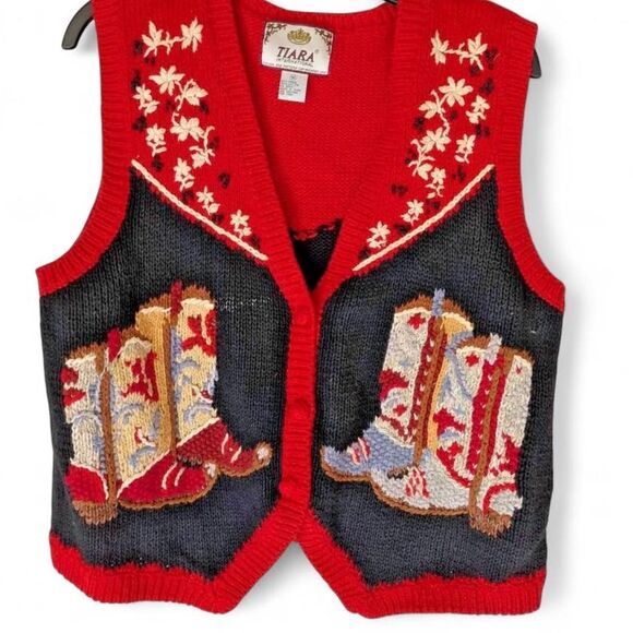 vintage Sweaters - Vintage Tiara International Red & black knit cowboy boot sweater vest. M.